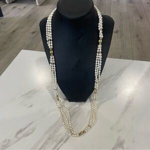 14K Yellow Gold beads And 3mm 3-Row Freshwater Pearl Necklace 29 Inches